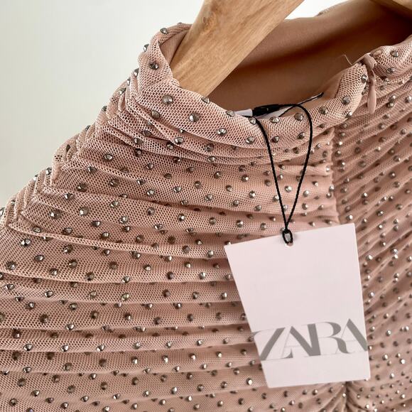 ZARA RHINESTONE RUCHED NUDE BEIGE MINI DRESS 7901/217 - Picture 14 of 14